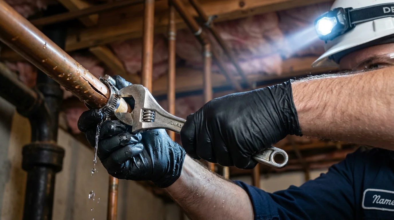 Emergency pipe clamp repair being performed by a Johns Plumbing LLC plumber in Payson