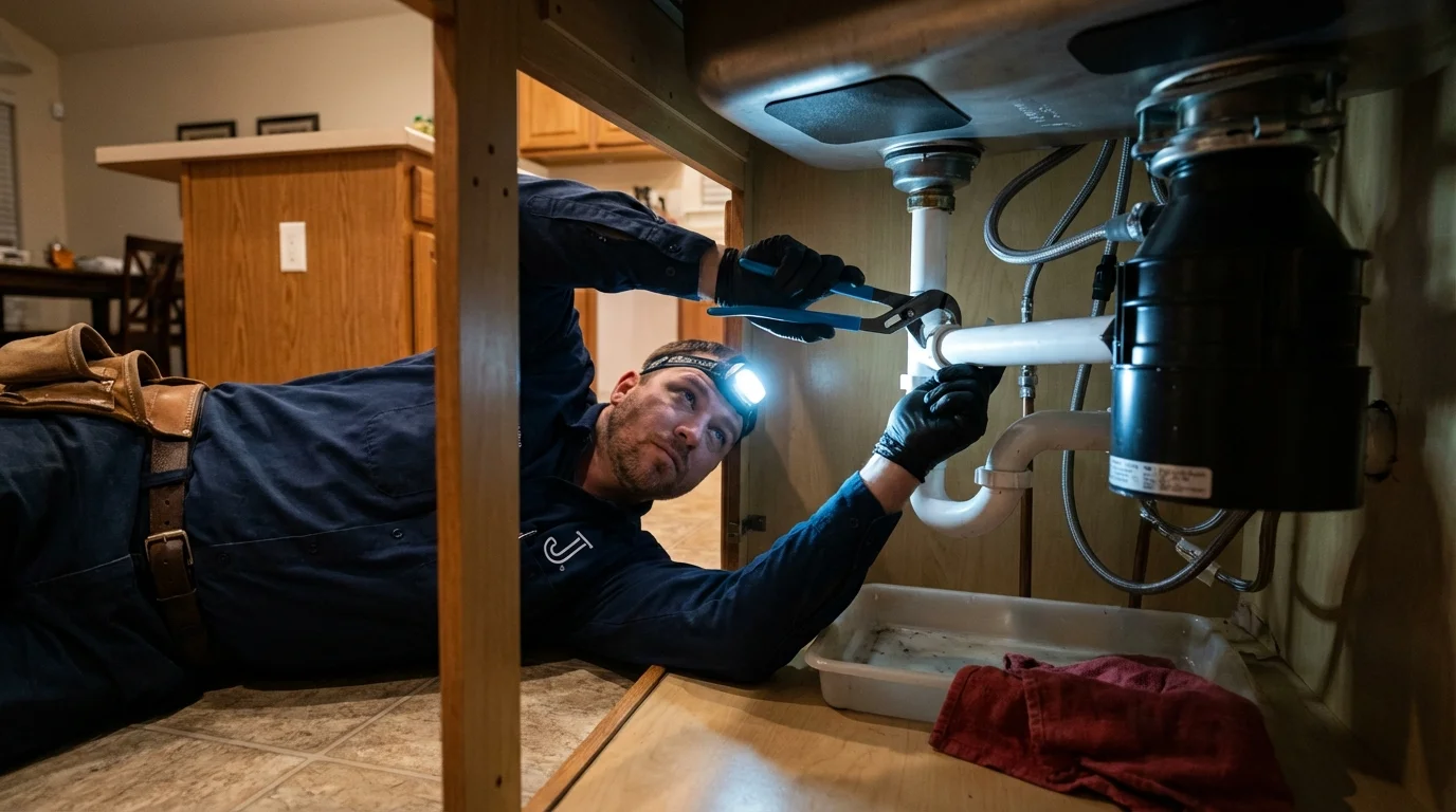 P-trap and supply line connections under a kitchen sink showing a common leak point in Payson, UT